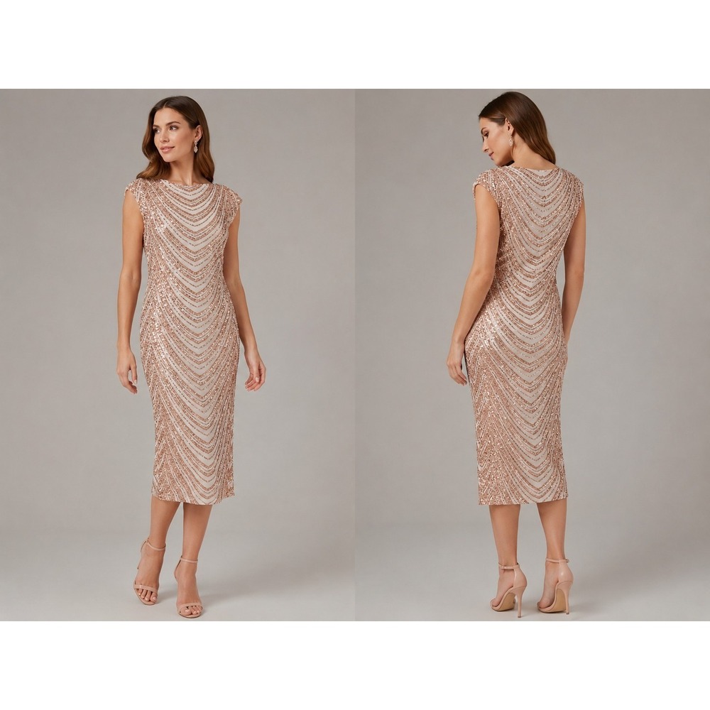 Blanc Clothing Rose Gold Sequin Midi‎ Dress Women's Small Cap Sleeve Cocktail...